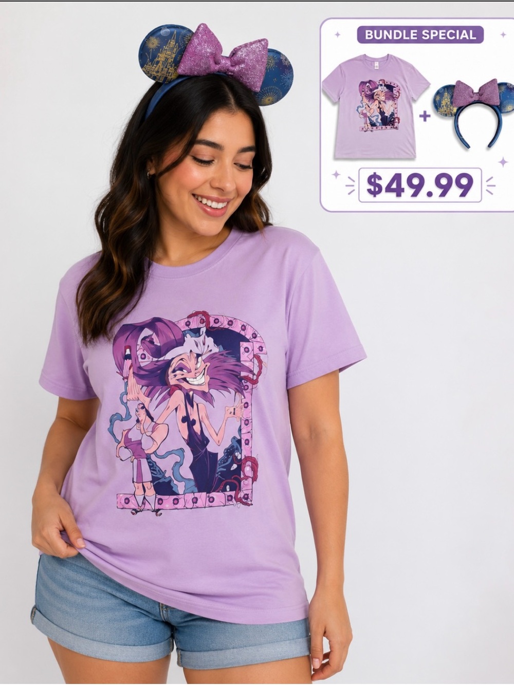 Disney Parks Yzma Kuzco Tee XL NWT + Fireworks Castle Minnie Ears Used (Bundle)